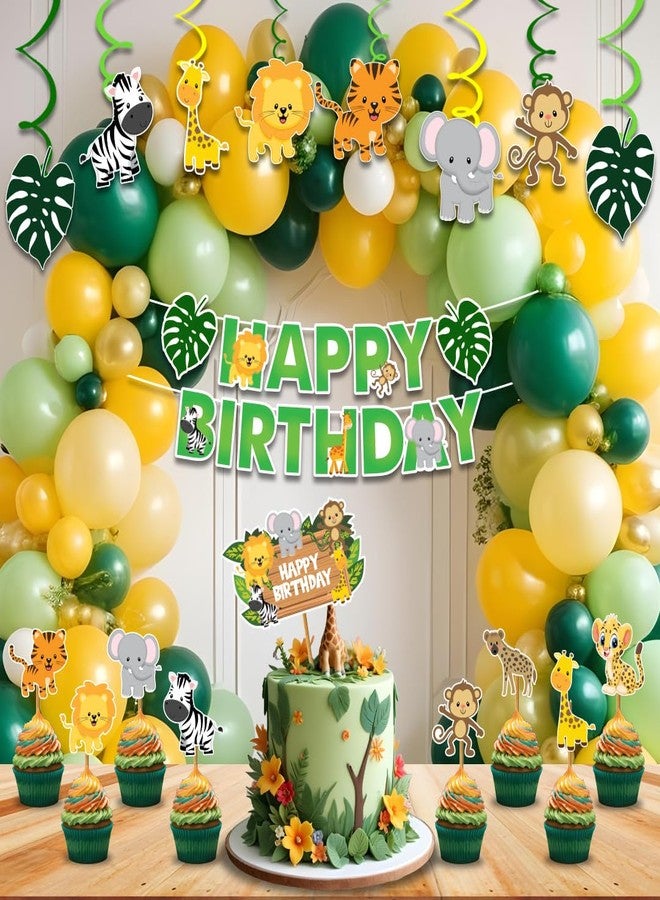 Festiko® Jungle Theme Birthday Decoration Combo (38 Pcs) - Includes Banner with Ribbon, 20 Balloons, Cake & Cupcake Toppers, Swirl Cutouts - Safari Theme Party Decor for Kids & 1st Birthday - Image 1